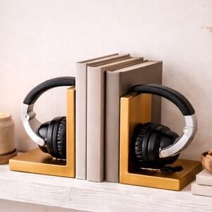Three Hands NWT Home Accessories Golden Bronze Headphones Book Ends Home Decor